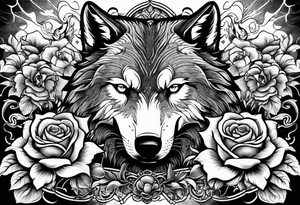 Raging storm with vicious wolf. Design for a chest piece.  Include roses and lilys tattoo idea