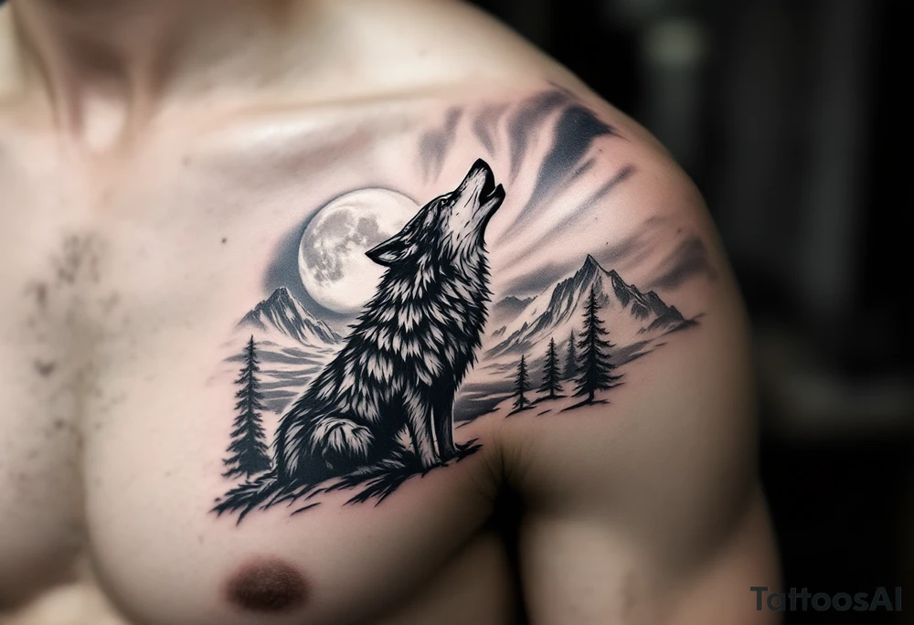 lone wolf howling at full moon with northern lights backdrop tattoo idea