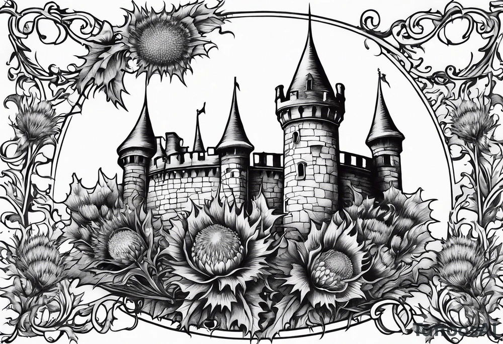 Thistles growing around a castle tower tattoo idea
