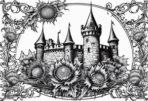 Thistles growing around a castle tower tattoo idea
