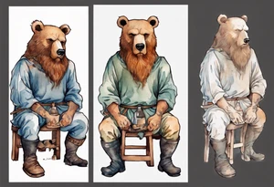 a medieval bear-human hybrid with a long beard wearing a tunic and boots, sitting on a stool by a fireplace drinking from a clay bottle tattoo idea