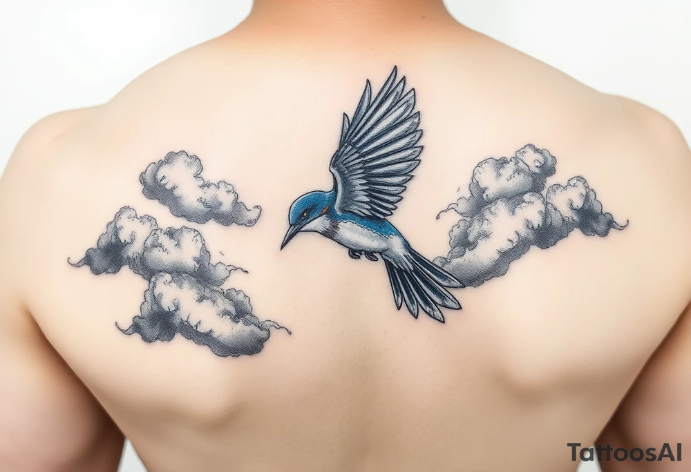 Bluebird flying out of storm clouds tattoo idea