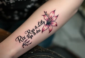 Stargazer Lilly full flower
with these words on stem in cursive (Rix Rys & Ari) long elegant stem with subtle shadowing through drawing in pink hues tattoo idea