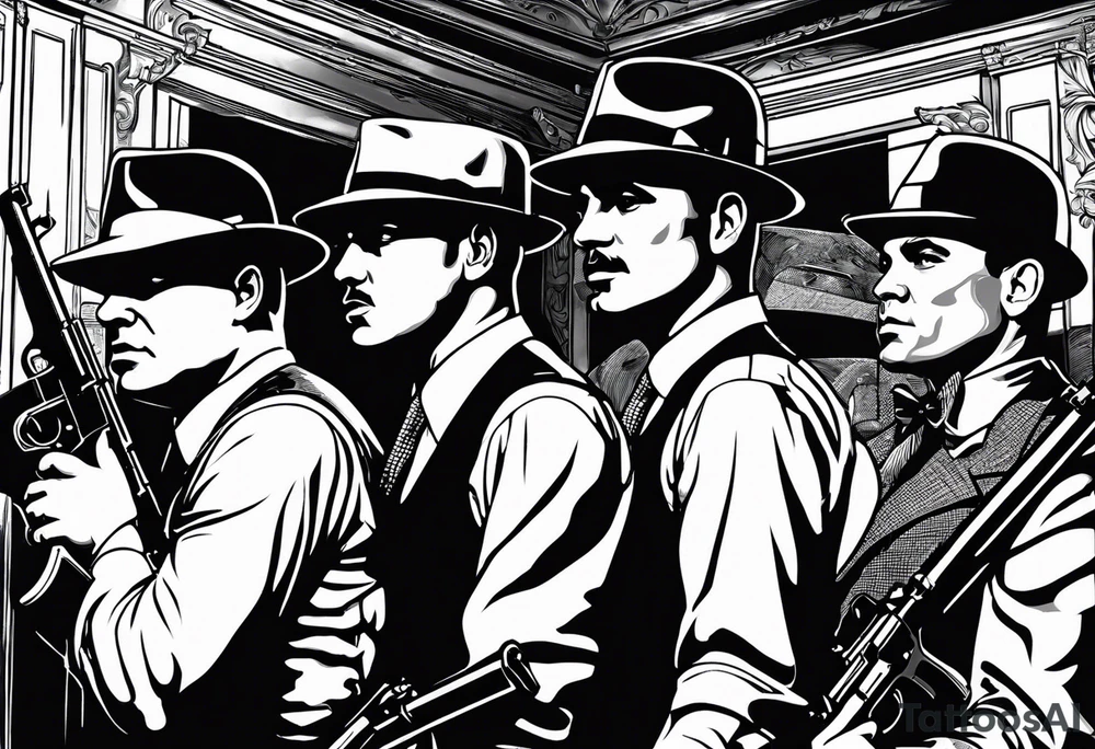 group of gangsters standing together including Al Capone, John Dillinger, Machine Gun Kelley, Bonnie and Clyde along with tommy guns, gatling gun and sawed off shot guns with bullets flying tattoo idea