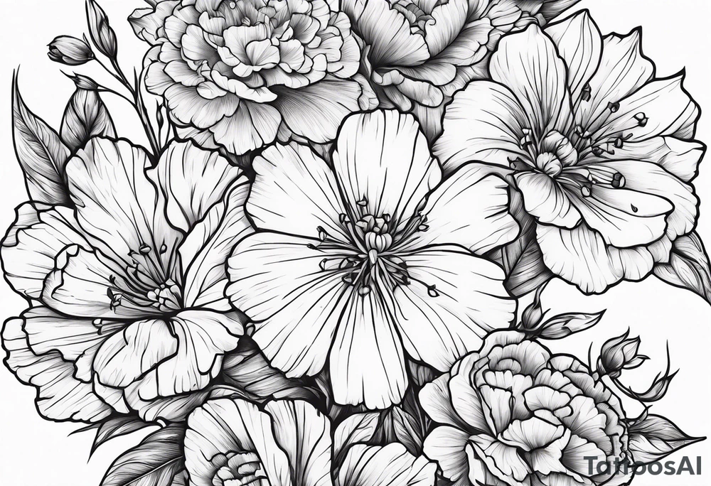 Flowers including larkspur and carnations tattoo idea