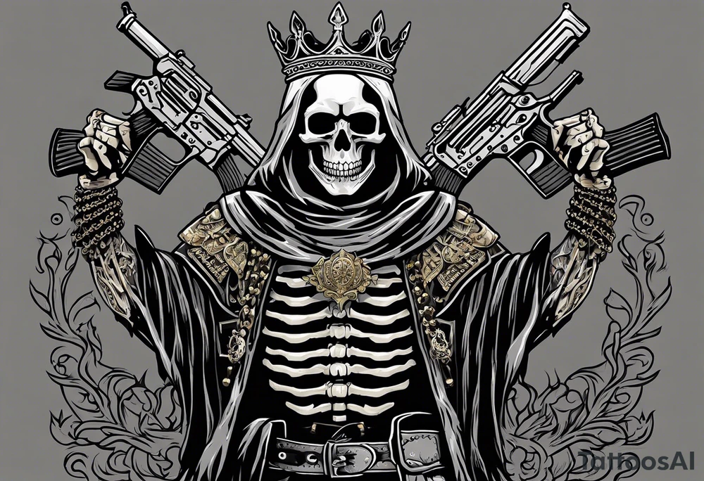 image of a skeleton standing frontally with a crown on his head, holding an AK-47 on his shoulder with his right hand. The chain on the left should be taut, there are three angry barking Dobermans in it, near the waist tattoo idea
