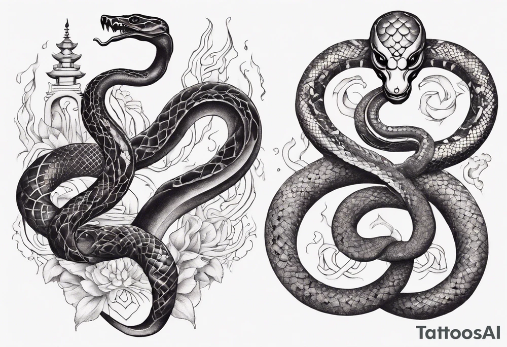 two snakes around a Buddhist amulet that represents strength, protection, and love tattoo idea