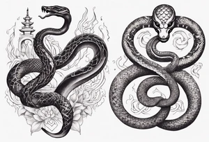 two snakes around a Buddhist amulet that represents strength, protection, and love tattoo idea
