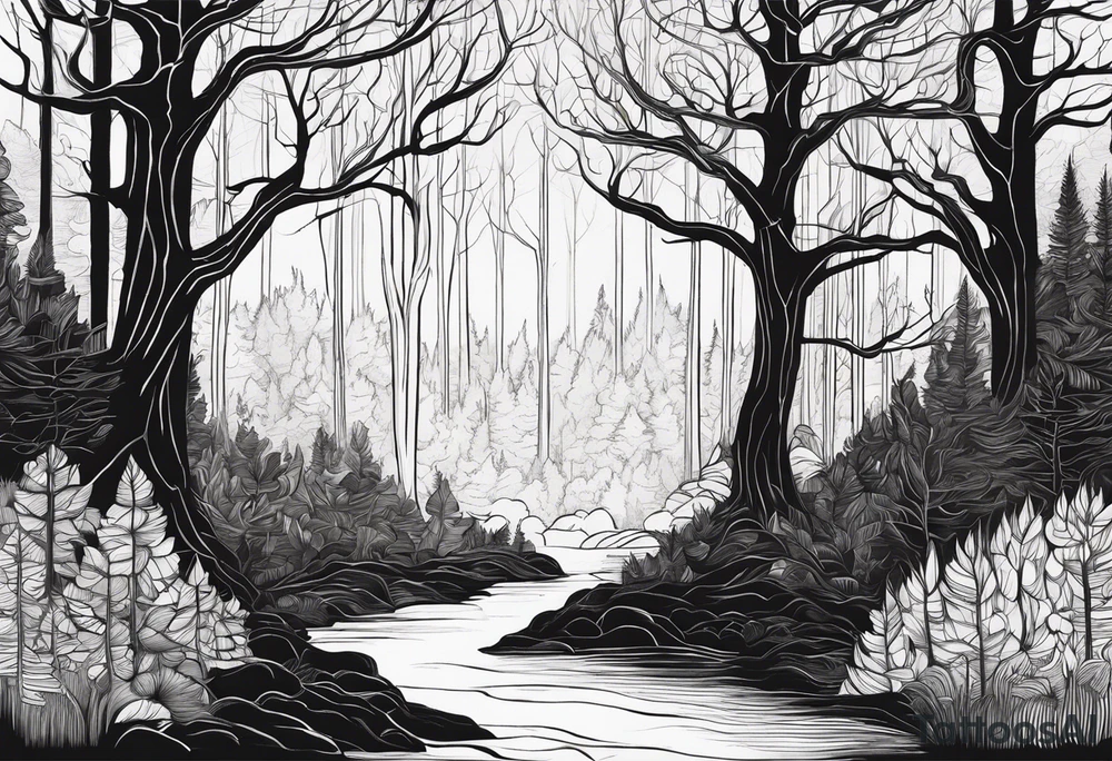 Draw me a Magical forest with s lot of trees in 2D and every tree is black and you see every treetop tattoo idea