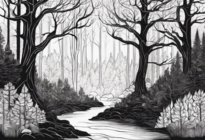 Draw me a Magical forest with s lot of trees in 2D and every tree is black and you see every treetop tattoo idea