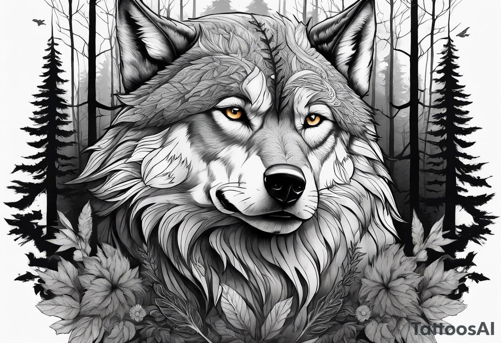 main character is an impressive powerful wolf, a crow talks to the wolf, background a gloomy mysterious forest tattoo idea