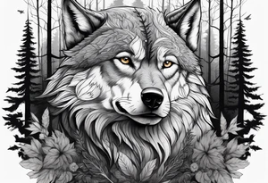 main character is an impressive powerful wolf, a crow talks to the wolf, background a gloomy mysterious forest tattoo idea