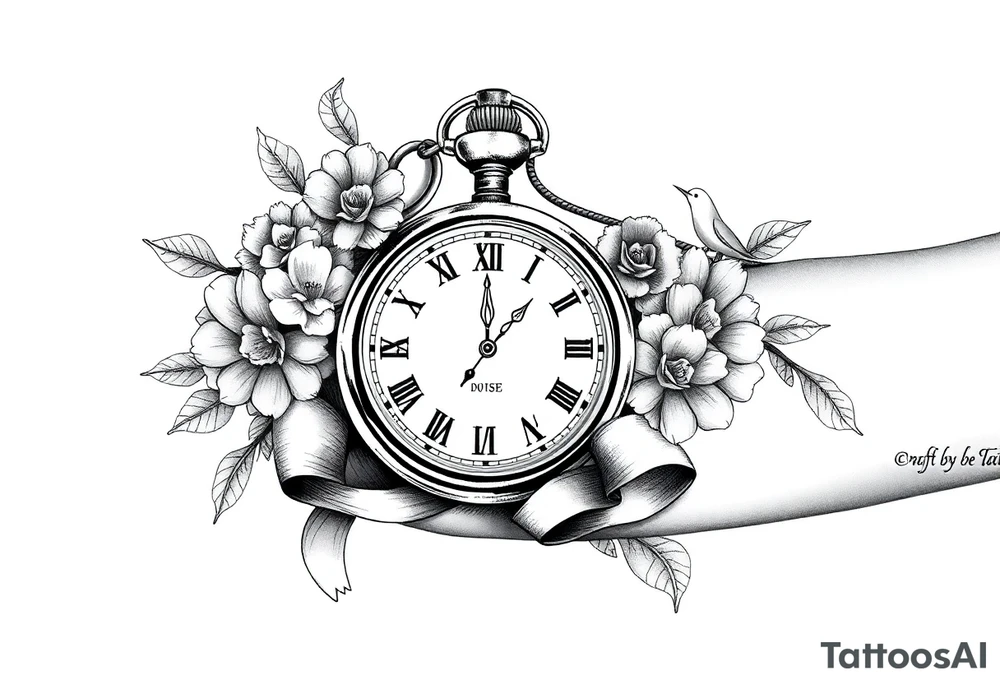 Pocket watch , surrounded by floral ornaments and dove, ribbon tattoo idea