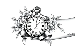 Pocket watch , surrounded by floral ornaments and dove, ribbon tattoo idea