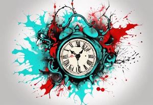 Xoil and Banksy art style, old clock, abstract,  cyan and red, acquarel, fractal, science, chaos, entropy,  cold tattoo idea