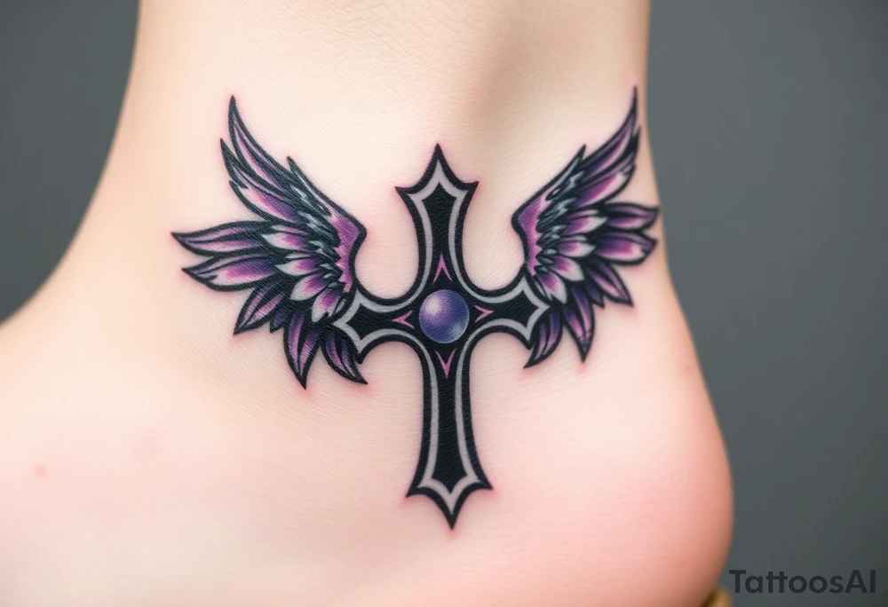 A Viking-style iron cross, with raven wings in black and deep purple tattoo idea