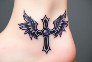 A Viking-style iron cross, with raven wings in black and deep purple tattoo idea