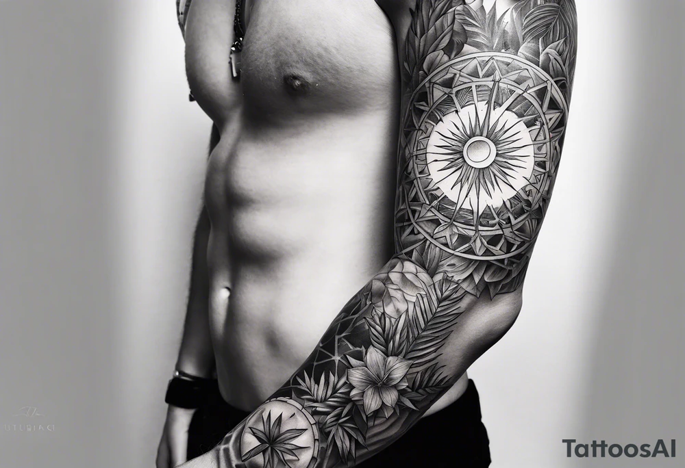arm sleeve tattoo with the solar cross surrounded by jungle plants tattoo idea