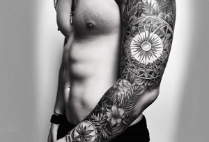 arm sleeve tattoo with the solar cross surrounded by jungle plants tattoo idea