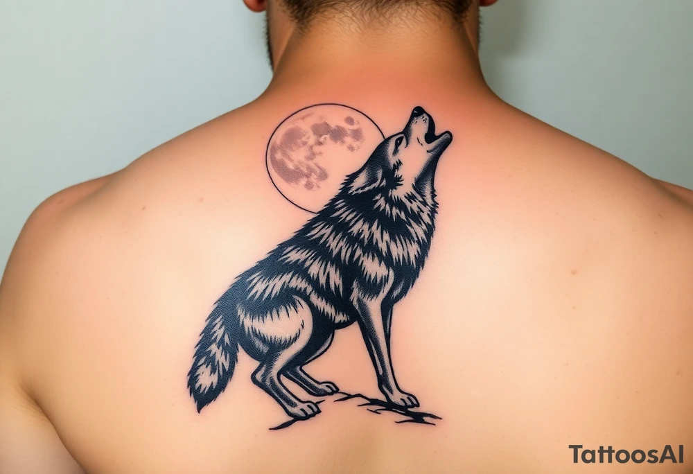 lone wolf howling at full moon with northern lights backdrop tattoo idea