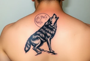 lone wolf howling at full moon with northern lights backdrop tattoo idea