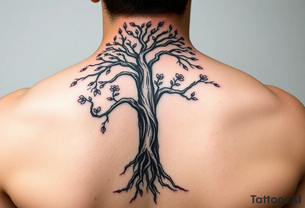 back tattoo with proverbs 31 with tree of life woman tattoo woman’s body as the trunk with no head  with roots and branches from neck with  small flowers from a few branches tattoo idea