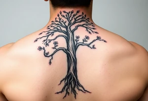 back tattoo with proverbs 31 with tree of life woman tattoo woman’s body as the trunk with no head  with roots and branches from neck with  small flowers from a few branches tattoo idea