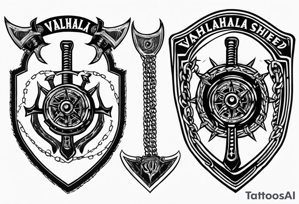Valhalla round shield axe barbed wire chains tattoo idea