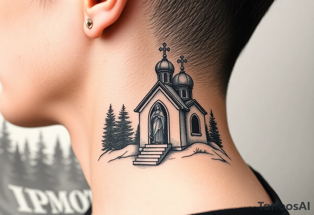 russian design traditional christian orthodox cross with a virgin mary stood beside the entrance of a russian orthodox dome church on the side of the neck in a wilderness setting with the design spread out the side of the neck tattoo idea