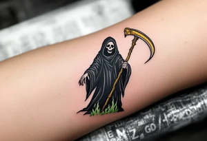 A traditional-style Grim Reaper with a black robe, green flames at his feet, and a golden scythe. tattoo idea