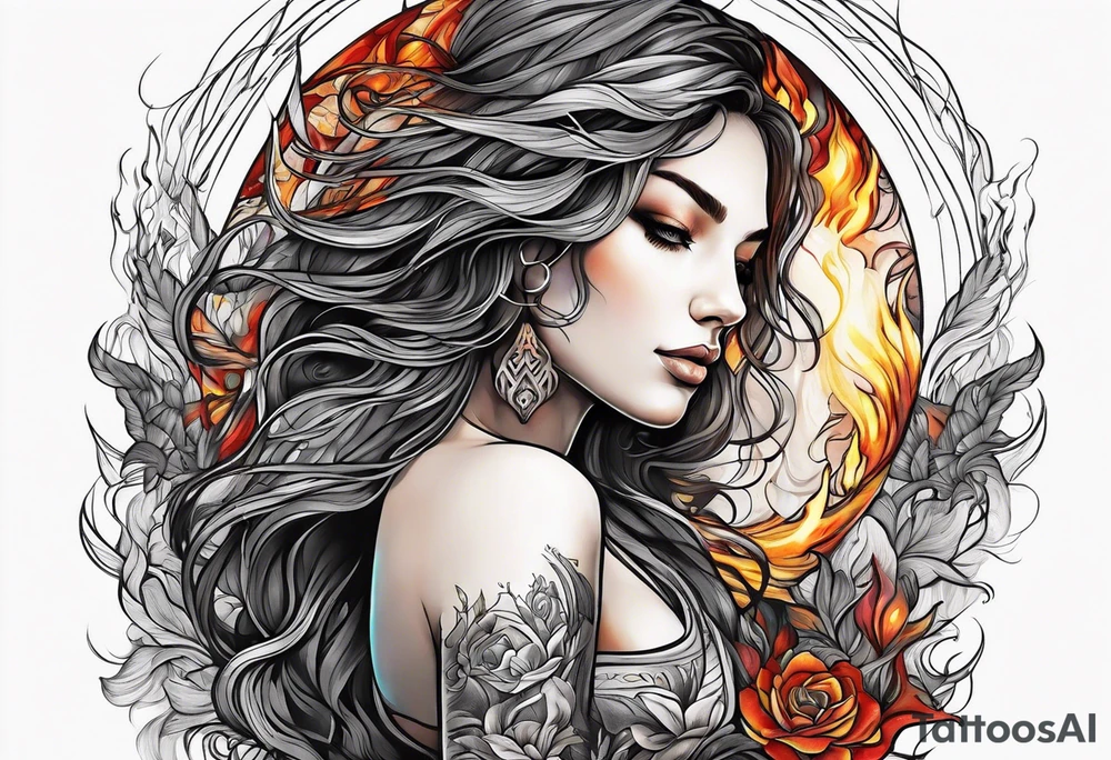 Resurrection strength and courage Beautiful Woman walking through fire and chaos to inner peace and self-love  ethereal tattoo idea