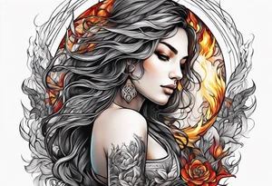 Resurrection strength and courage Beautiful Woman walking through fire and chaos to inner peace and self-love  ethereal tattoo idea