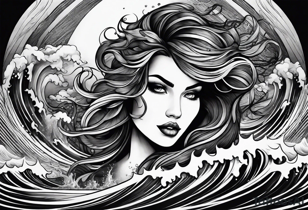 stormy sea waves, full-length woman in the middle of the storm tattoo idea