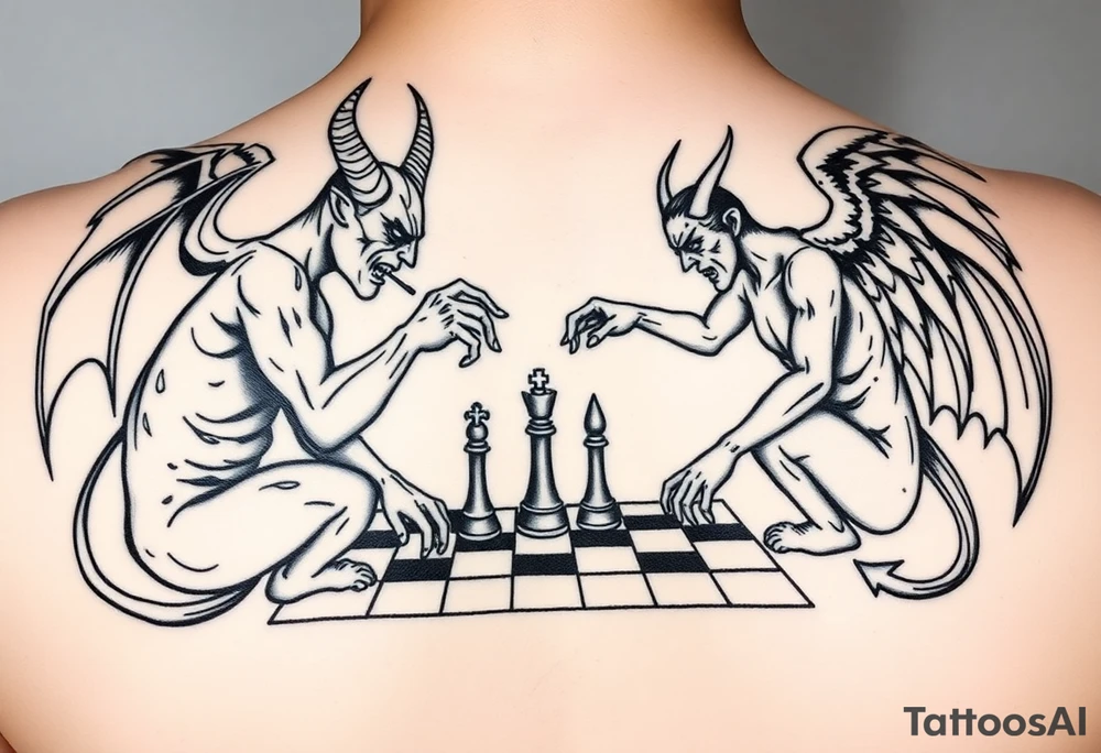devil and angel playing chess in black. Make them seem like people and not animals tattoo idea