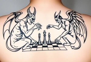 devil and angel playing chess in black. Make them seem like people and not animals tattoo idea