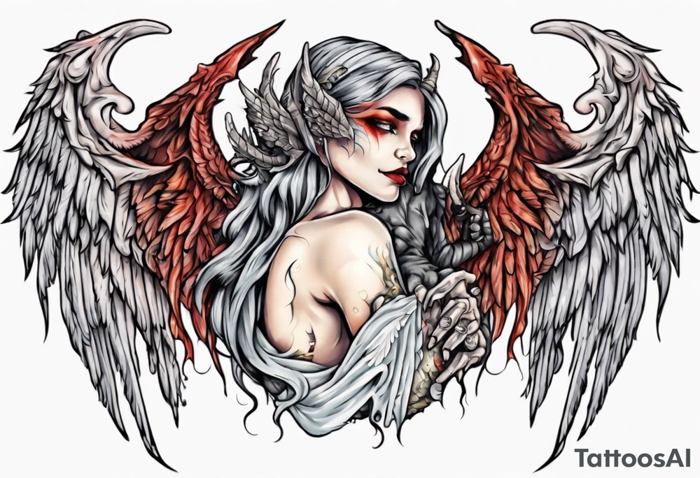 Demon and angel holding each other. He has angel wings, she has demon wings. tattoo idea