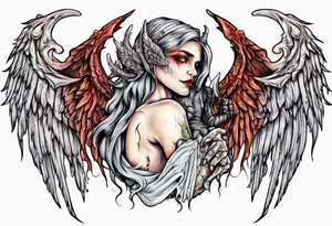 Demon and angel holding each other. He has angel wings, she has demon wings. tattoo idea