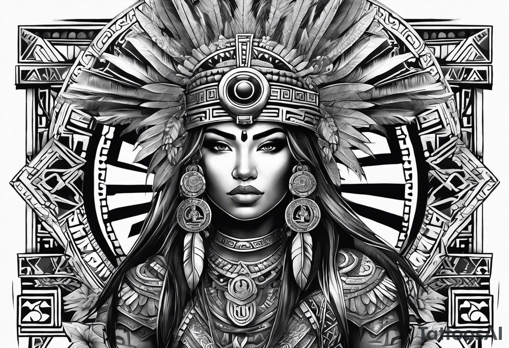 Aztec female warrior with aztec symbols in the background with a lion tattoo idea