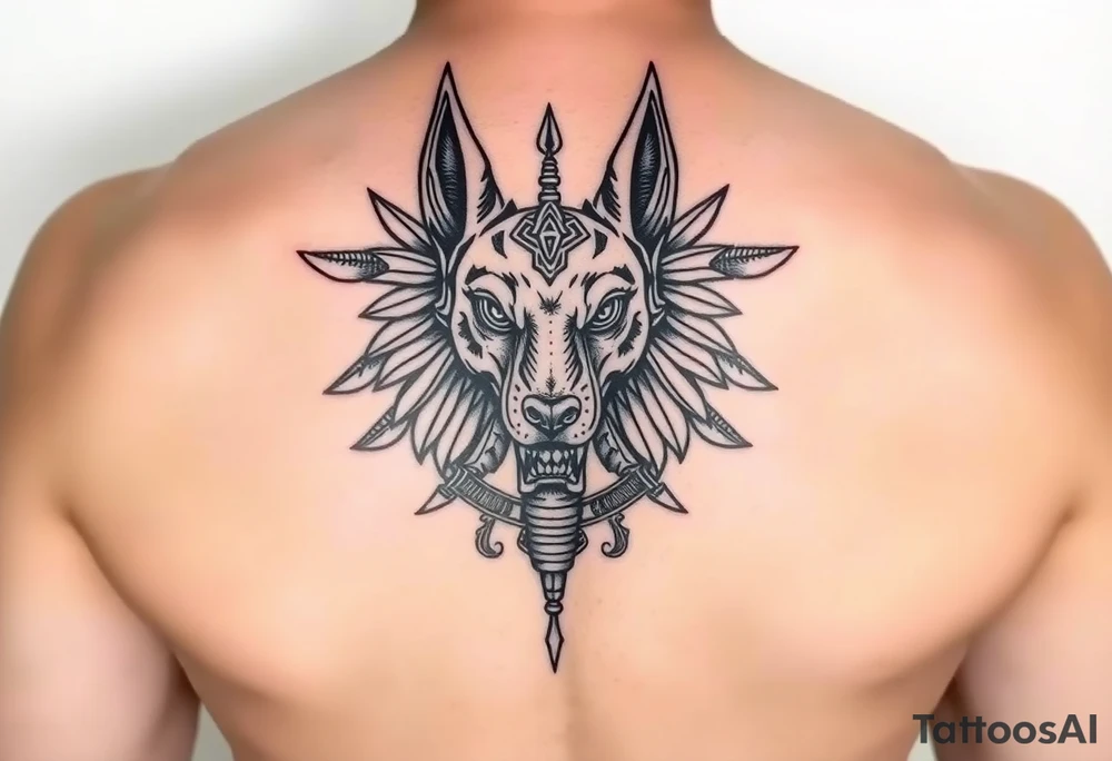 Egyptian Anubis god powerful face muscle in Egypt style dog face surrounded Egyptian symbols tattoo idea