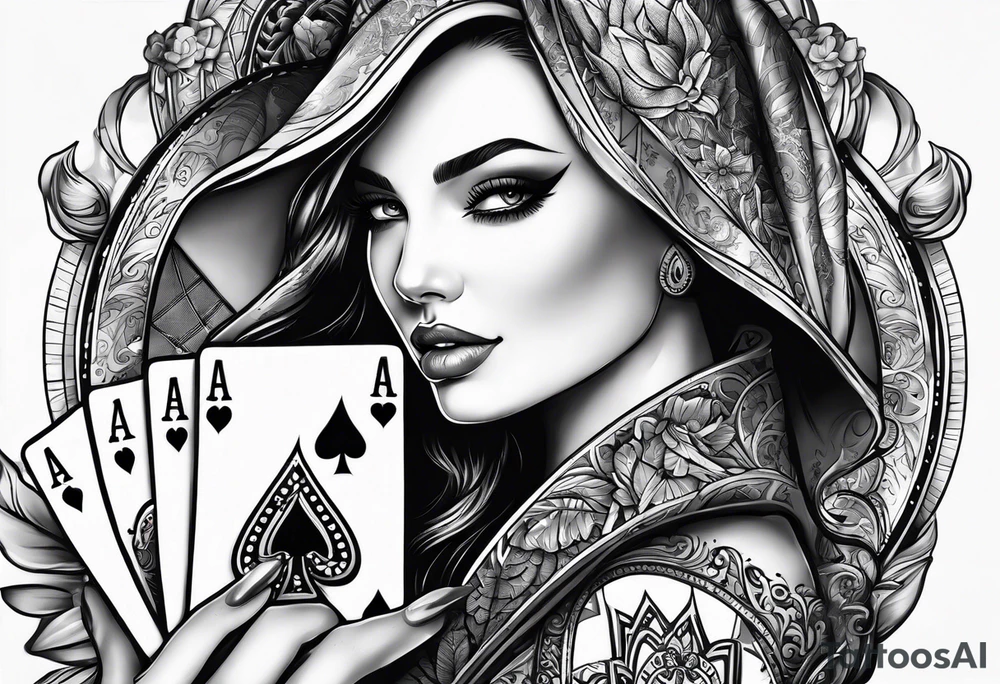woman one hand holding poker cards tattoo idea