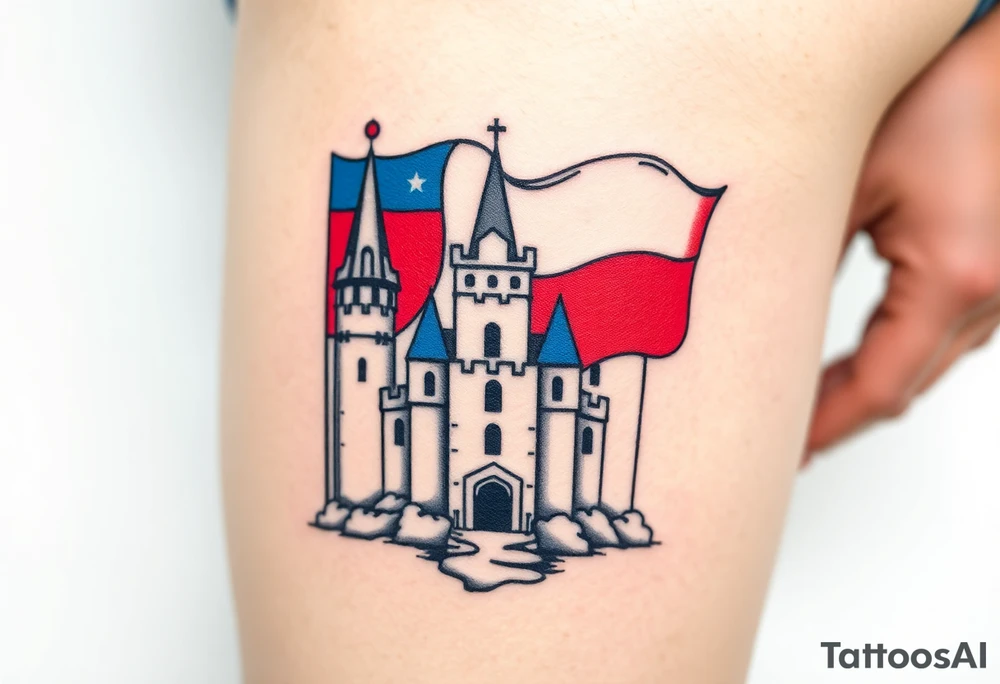 A Czech flag (blue, white up, red down) waving behind a medieval castle tattoo idea
