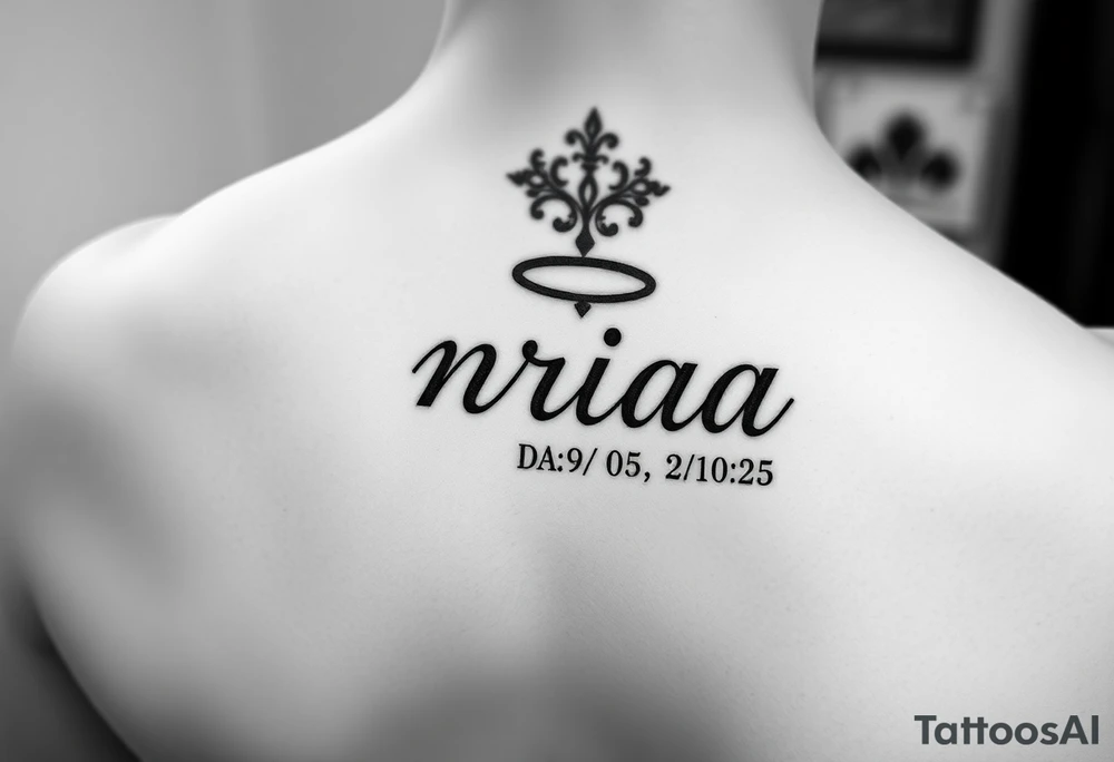 one tattoo with the name nriaa birthday 9/24/05 death date 2/10/25 black lining, less shade in including a halo on tattoo idea