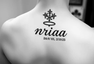 one tattoo with the name nriaa birthday 9/24/05 death date 2/10/25 black lining, less shade in including a halo on tattoo idea