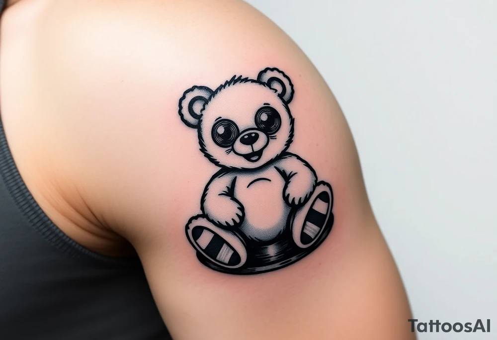minimalist teddy bear with vinyl records as eyes smiling and sitting on a record tattoo idea