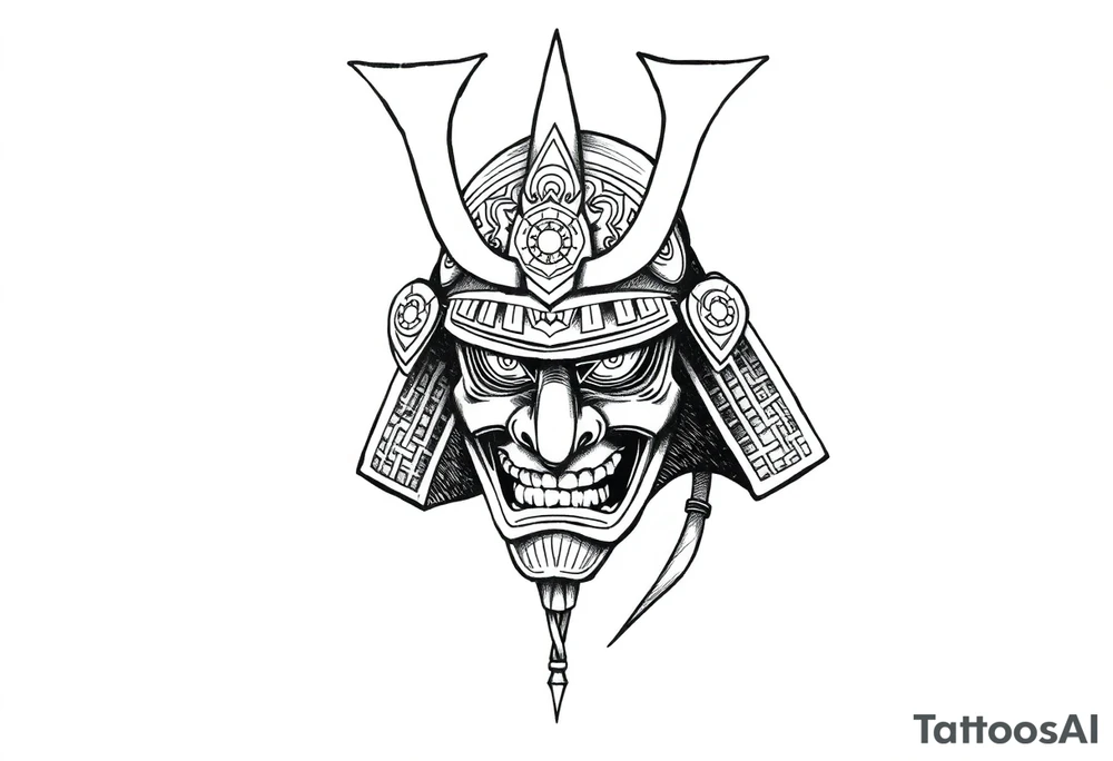 Samurai helmet tattoo design, Japanese style, black and grey ink, highly detailed, bold linework, symmetrical layout, traditional armor, ornamental patterns, forearm placement, minimal background, warrior spirit, sketch style tattoo idea