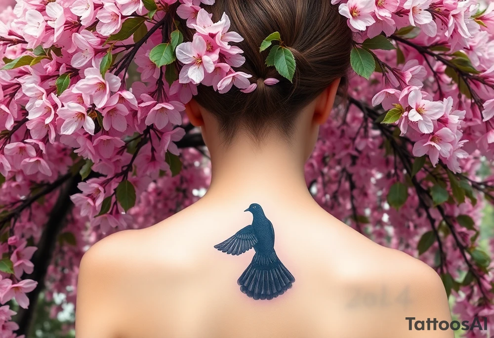 A big pink, weeping tree with huge  lushish leaves there are 2 doves. 1 is a flying into the sky. The second one is hovering above the ground that’s turning black like she stained with grief. Goth romance 
These are the dates I want dainty in the heavily overflow of weeping cherry blossom branches and leaves March 31, 2024 – July 2, 2024 tattoo idea