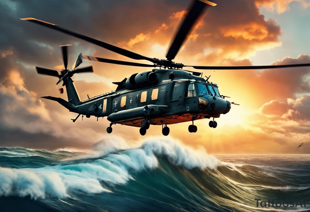 A cinematic-style tattoo depicting a Canadian military CH-148 Cyclone helicopter performing a daring maneuver over a turbulent ocean. The sky should be filled with dramatic clouds, and the sun should be setting, casting long shadows. The helicopter should be the main focus, with intricate details and a sense of motion. In the background, a poppy should be prominently displayed, and a quote from 'Lest We Forget' should be included, black and white tattoo tattoo idea