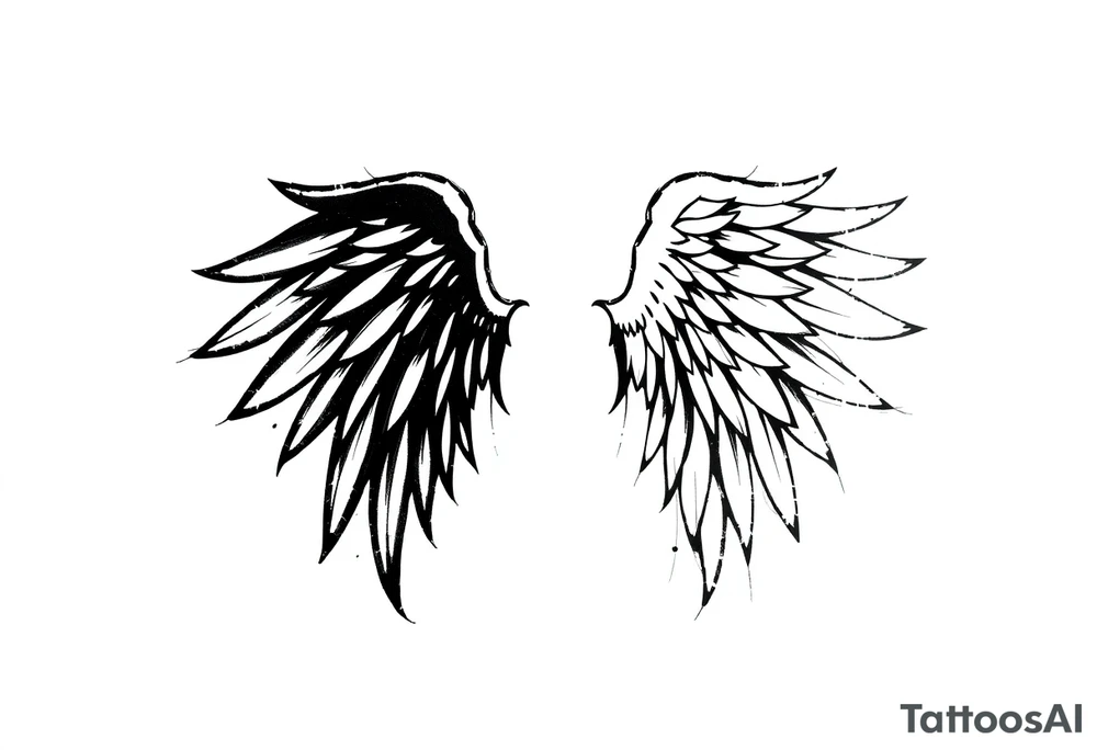 the wings go up

This tattoo design features a pair symmetrical angel wings drawn in black ink with a rough, sketch-like style. The left wing is darker, more defined, and appears denser, while the right wing is lighter, more delicate, and fragmented, creating a contrast between the two. The feathers are sharp and irregular, with fine lines and stray strokes extending outward, adding a raw and artistic feel. The overall look is dynamic and slightly chaotic, giving the impression of movement or an unfinished, ethereal form. This design symbolizes duality, freedom, transformation, or even struggle, making it a meaningful and visually striking tattoo. tattoo idea