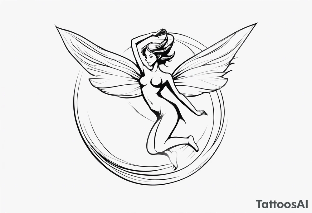 Minimalistic, monochromatic fairy with a tail flying to the left in a fetal position, leaning and looking in the same direction, with visible hands, embodying the 'Fairy Tail' logo aesthetic. tattoo idea
