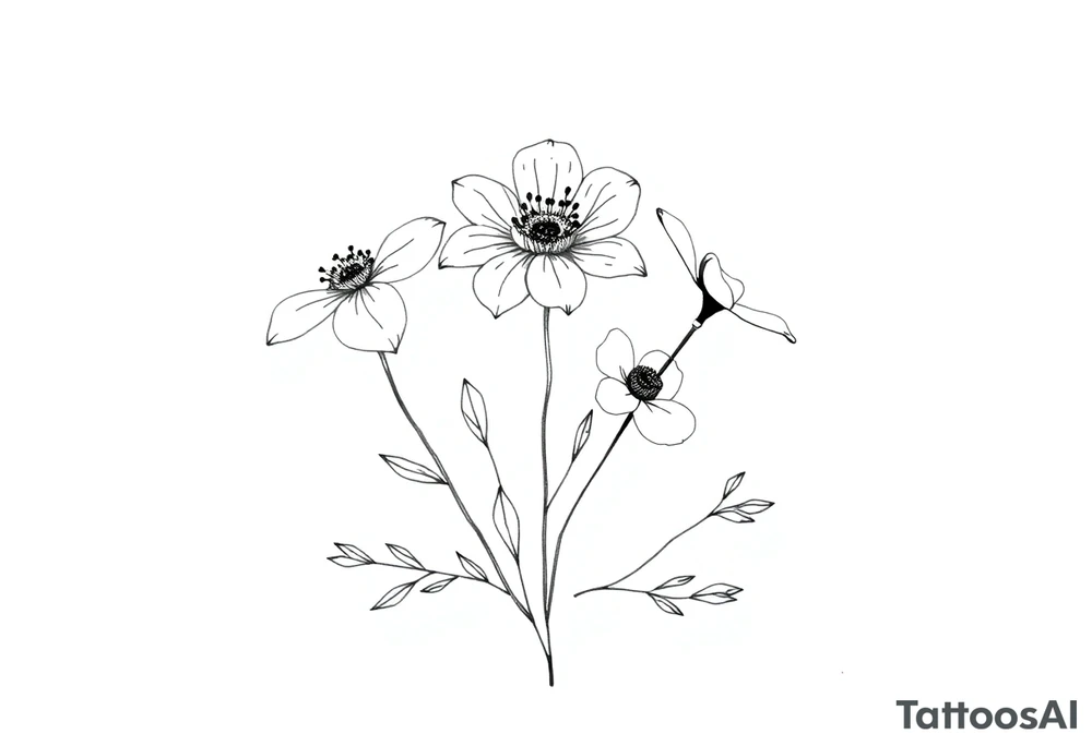 two july birth flowers, one november birth flower and a december birth flower in a boquet tattoo idea